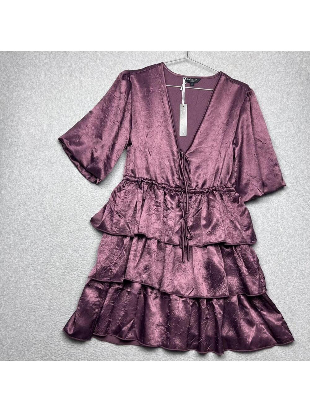 Crushed Purple Plum Satin Layered Tiered Mini Babydoll Boho Dress S Goth Witchy